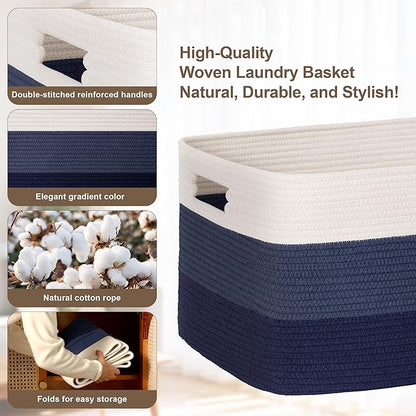 60L Laundry Basket with Leather Handles for Living Room Storage, Woven Rope Baskets Bin for Blanket, Kids Toy, Gifts, Wicker Hamper for Bedroom Dirty Clothes,Gradient Blue
