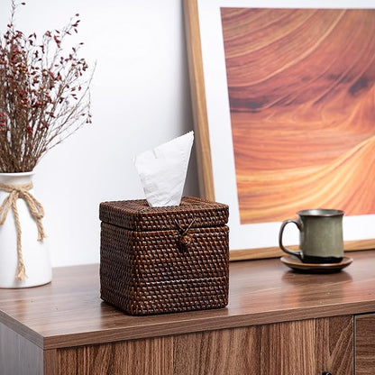 Rattan Square Tissue Box Cover- 5.7" x 5.7" x 5"-Decorative Woven Facial Tissue Holder with Hinged Top Lid- Facial Box for Home, Office,Bathrooms, Decoration (Coffee)