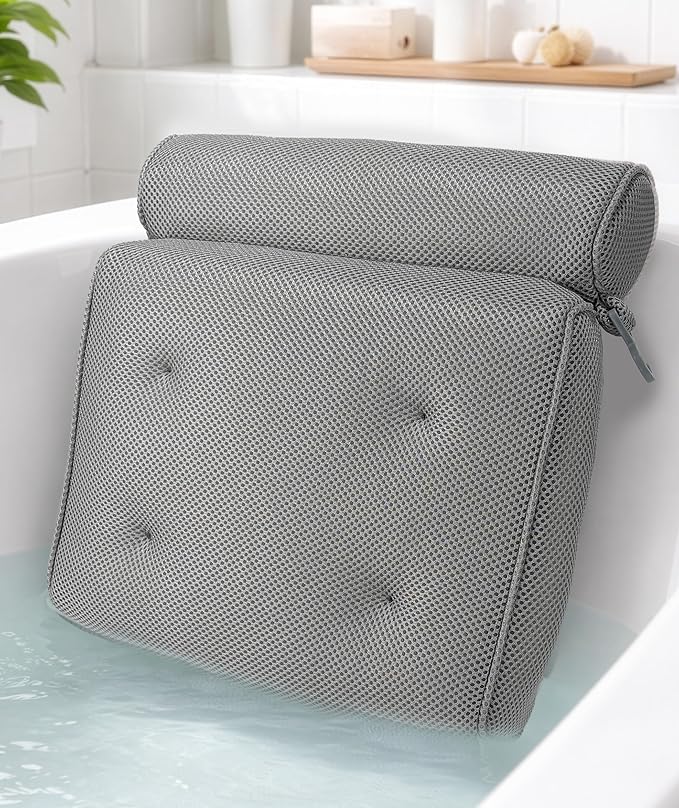Everlasting Comfort Luxury Bath Pillows for Tub with Head and Neck Support - Non-Slip Bathtub Pillow with Suction Cups, Quick-Drying Mesh & Drying Hook - Jacuzzi & Spa Accessories for Women - Gray