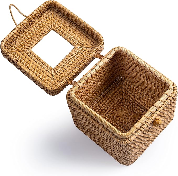 Rattan Square Tissue Box Cover- 5.7" x 5.7" x 5"-Decorative Woven Facial Tissue Holder with Hinged Top Lid- Facial Box for Home, Office,Bathrooms, Decoration (Yellow)