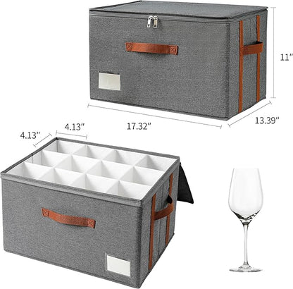 Stemware Storage Cases,Wine Glass Storage Box,with Dividers,Holds 12 Red or White Wine Glasses, Durable Glassware Storage Containers for Crystal or Stemware (Grey red, 2 Stemware storage cases)