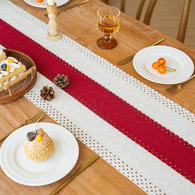 FEXIA 4th of July Table Runner for Home Decor with Tassels 72 Inches Long Farmhouse Red Rustic Boho Table Runner Macrame Burlap Table Decoration for Living Room Bridal Shower(12x72 Inches)