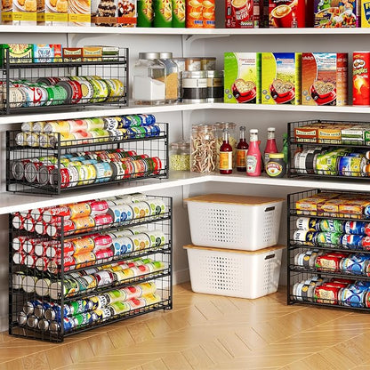 2-Pack Stackable Can Organizer for Pantry Shelf, Adjustable Extra-Long Rolling Can Rack for Kitchen Cupboard Storage, Sturdy Standing Can Holder for Canned Food Goods Soda up to 100, 2 Tier, Black