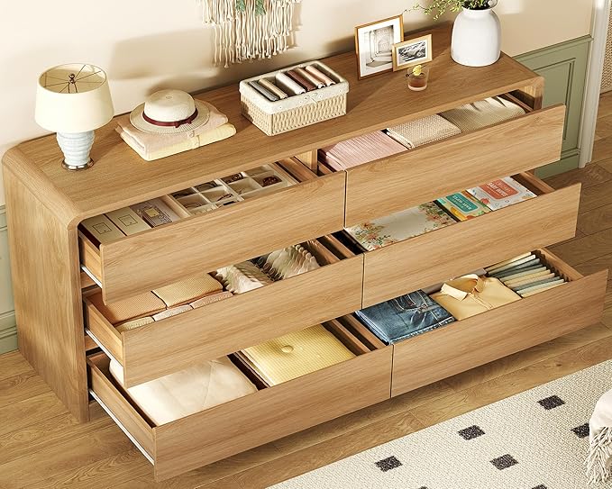 TEENFON 55" Wide Dresser for Bedroom with 6 Drawers, Dressers & Chests of Drawers with Curved Profile Design, Bedroom Dressers, Wood Dressers for Bedroom, Hallway, Natural