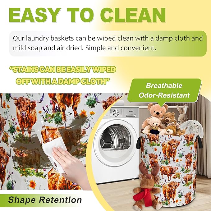 Highland Cow Laundry Basket Funny Cattle Foldable Waterproof Oxford Cloth Tote Bag Laundry Hamper Round Large Clothes Storage Bucket Toy Organizer For Bathroom/Laundry Storage/Bedroom 18.9x16.5 Inch