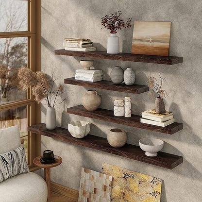 Marsmiles 72 inch Floating Shelves for Wall Solid Elm Wood Wall Mounted Shelves|Rustic Long Floating Shelves with Invisible Bracket for Bathroom Living Room Kitchen|Walnut, 1 Pack
