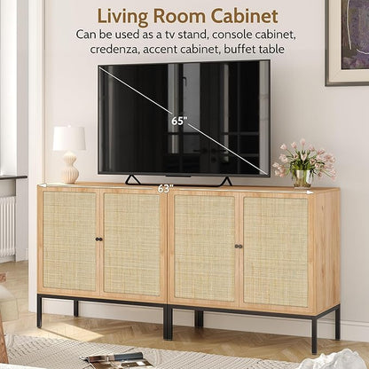 Yechen 31.5" Sideboard Cabinet with Natural Rattan Decorated Doors, Rattan Cabinet, Accent Buffet Console Storage Cane Credenza Cupboard, for Living Room Dining Room Entryway Kitchen, Metal Legs