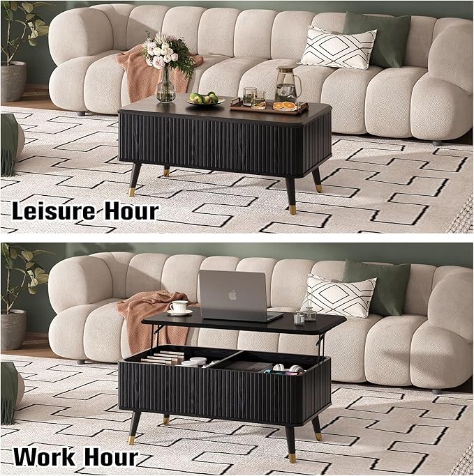 SULIVES Lift Top Coffee Table with Storage,Fluted Coffee Table with Lifting Top,Mid Century Modern Center Table with Solid Wood Legs,Small Coffee Tables for Living Room,Black