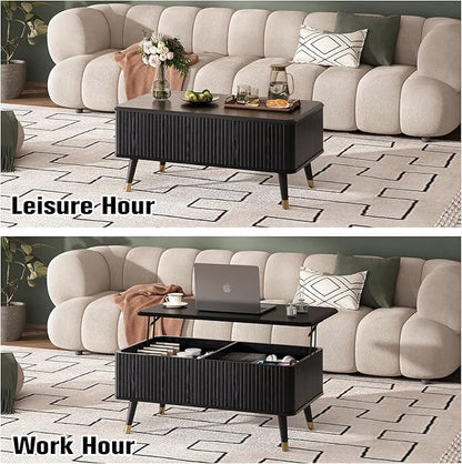 SULIVES Lift Top Coffee Table with Storage,Fluted Coffee Table with Lifting Top,Mid Century Modern Center Table with Solid Wood Legs,Small Coffee Tables for Living Room,Black
