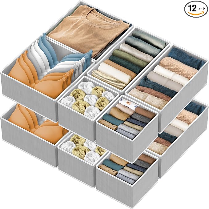 Simple Houseware Foldable Drawer Organizer for Clothes/Underwear/Panty/Onesie Stocking Bin, Set of 12, Gray