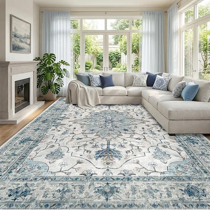RELEANY Area Rugs Large 10'x14' Washable Non-Slip, Floral Vintage Distress Medallion Carpet for Living Room Bedroom Dining Room, Light Blue Navy Gray White