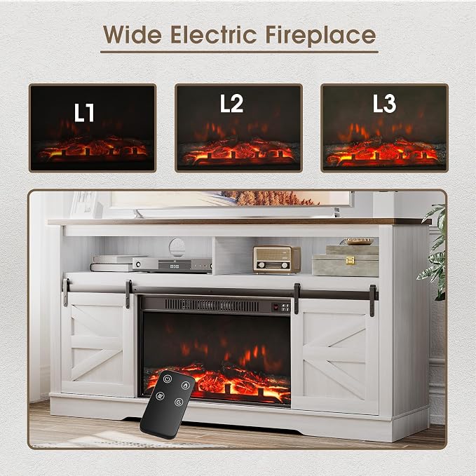 JUMMICO Fireplace TV Stand for 65+ Inch TV with 26'' Fireplace Entertainment Center with Storage Cabinet and Adjustable Shelves Media Console with Sliding Barn Door for Living Room (Milk White)