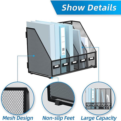 SUPEASY Desk Organizers Metal Desk Magazine File Holder with 5 Vertical Compartments Rack File Organizer for Office Desktop, Classroom, Home Workspace, Black
