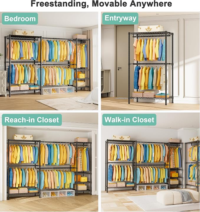 SEMHOR E01 Expandable Heavy Duty Clothes Rack, Free Standing Closet System Organizer, Adjustable Portable Carbon Steel Garment & Clothing Racks for Hanging Clothes (72.5-96"), 800LBS Max Load, Black