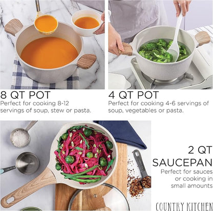 Country Kitchen Non-Stick Cast Aluminum Cookware Set - Durable Kitchen Cookware for Everyday Cooking, Speckled Cream, 8 Pc.