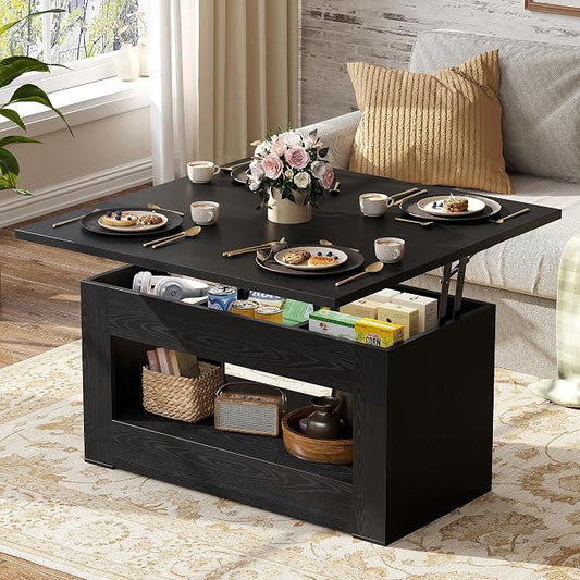 UNIQUITE 40" Lift Top Coffee Table, 4 in 1 Multi-Function Lift Coffee Tables with Storage and Hidden Compartment, Convertible Coffee Table to Dining Table for Living Room, Black