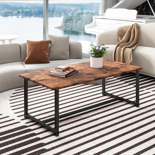 35.4" Rectangular Coffee Table for Living Room, Modern Industrial Style Coffee Table Center Table with Metal Frame for Small Space, Apartment, Office, Easy Assembly, Brown
