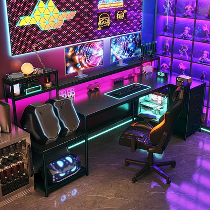 71" L Shaped Gaming Desk with 3 Drawers & Hutch,Computer Desk with Monitor Stand & Power Outlet,Home Office Desk Reversible Black Desk with LED Light,Printer Shelf for Home Office,Black Carbon Fiber