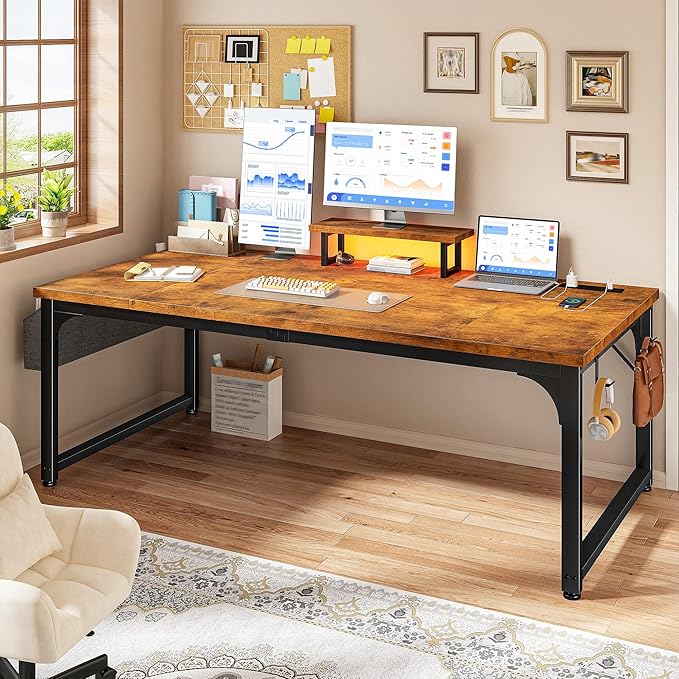 63 Inch Desk with Power Outlets, Computer Desk with 0.95 Inch Thicker Desktop & Storage Bag & Monitor Stand, Office Desk with Light, Writing Desk for Home Office,Study,Bedroom,Living, Brown