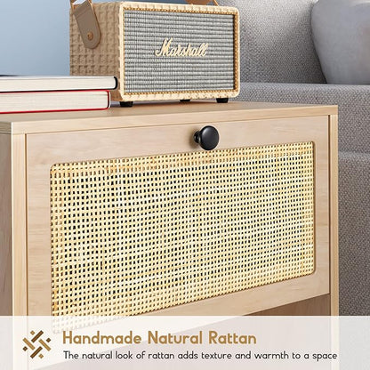 XIAO WEI Natural Rattan Nightstand Set of 2, Boho Night Stand with Drawer and Open Shelf, Bedside Table Accent Cane End Table Side Table for Bedroom Living Room, Metal Legs/Small/Natural