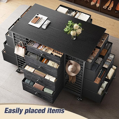 EnHomee 24 Drawers Black Dresser for Bedroom, Dressers & Chests of Drawers with 4 Wheels and 40“ * 23” Wide Wooden Top, Metal Frame, Organizer Island with Hooks for Bedroom, Cloakroom, Dressing Room