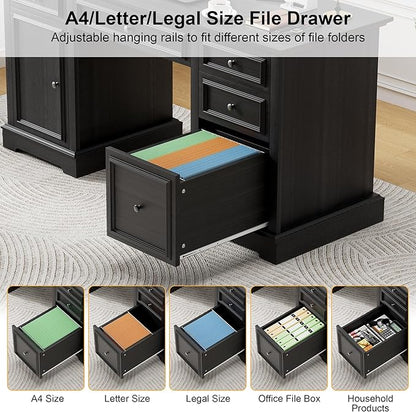 Vipbear 60" Executive Desk, Farmhouse Computer Desk with Drawers and File Cabinet, Embossed Texture Home Office Desks, Workspace for Work Study Writing, Black