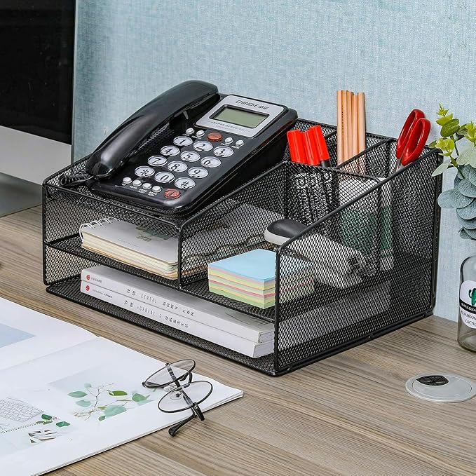 Phone Stand for Desk with 2 Pen Holder, Metal Mesh Desk Organizer with Telephone Holder, 3 Tier Office Storage Desktop Organizer for Workspace, Home, School, Black