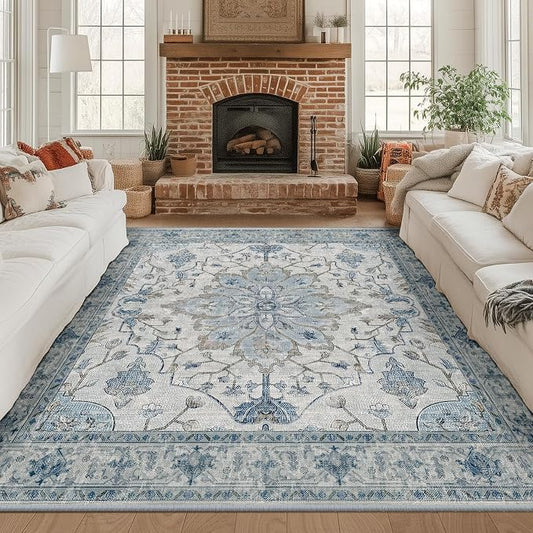 RELEANY Area Rugs Square 8ft Washable Non-Slip, Floral Vintage Distress Medallion Carpet for Living Room Bedroom Dining Room, Light Blue Navy Gray White