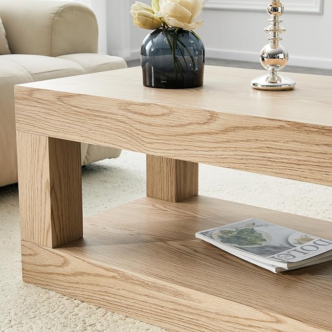 LKTART 39.37" Coffee Table with Storage, 2-Tier Mid Century Rectangular Accent Table with Thick Tabletop, Rustic Style Cocktail, Center Table for Living Room, Office, Apartment (Natural)