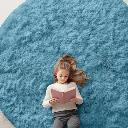 OLANLY Slate Blue Round Rugs for Bedroom - Machine Washable, 6 ft Circle Area Rugs for Living Room, Soft and Fluffy Shaggy Carpet for Teen Girl and Boys, Nursery Rooms, Dorms, Home Decor Aesthetic