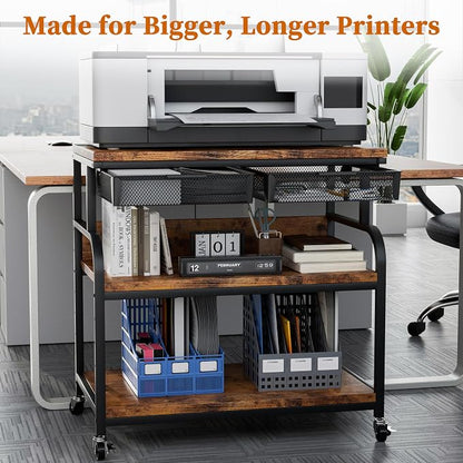 EasyCom 32.3"x18.9" Extra Large Printer Stand with Double Drawers, 5-Adjustable Heights 3 Tier Table with Wheels, Rolling Printer Cart with Storage for Printer Scanner Fax Home Office Use