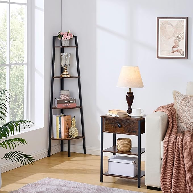Hoctieon Corner Shelf, 4-Tier Corner Bookshelf, Rustic Ladder Shelf, Industrial Display Stand for Living Room, Kitchen, Home Office, Balcony, Small Space, Metal Frame, Rustic Brown