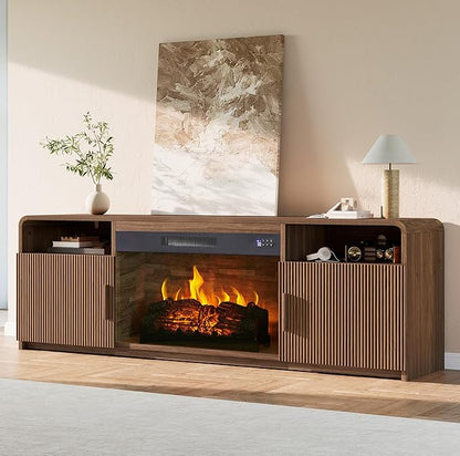 AMERLIFE 70" Fluted Fireplace TV Stand for TVs Up to 80", Modern TV Console with 30" Electric Fireplace & Storage Cabinets, Media Entertainment Center for Living Room, Brown
