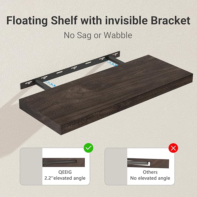 Vivelove Elm Wood Floating Shelves, Wooden Shelves For Wall With Invisible Bracket For Living Room Bedroom Bathroom Office Book, Rustic Farmhouse Decor Storage & Display, 55 Inch Set Of 1- Dark Walnut