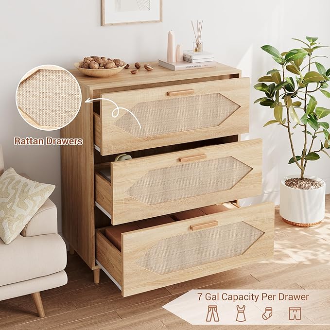GAOMON 3 Drawer Dresser for Bedroom, 31.5 Inch Wide Rattan Modern Closet Dressers Chest of Drawers, Wood Oak Storage Chest for Kids Bedroom, Hallway, Living Room, Hallway, Natural