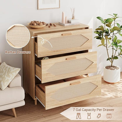 GAOMON 3 Drawer Dresser for Bedroom, 31.5 Inch Wide Rattan Modern Closet Dressers Chest of Drawers, Wood Oak Storage Chest for Kids Bedroom, Hallway, Living Room, Hallway, Natural