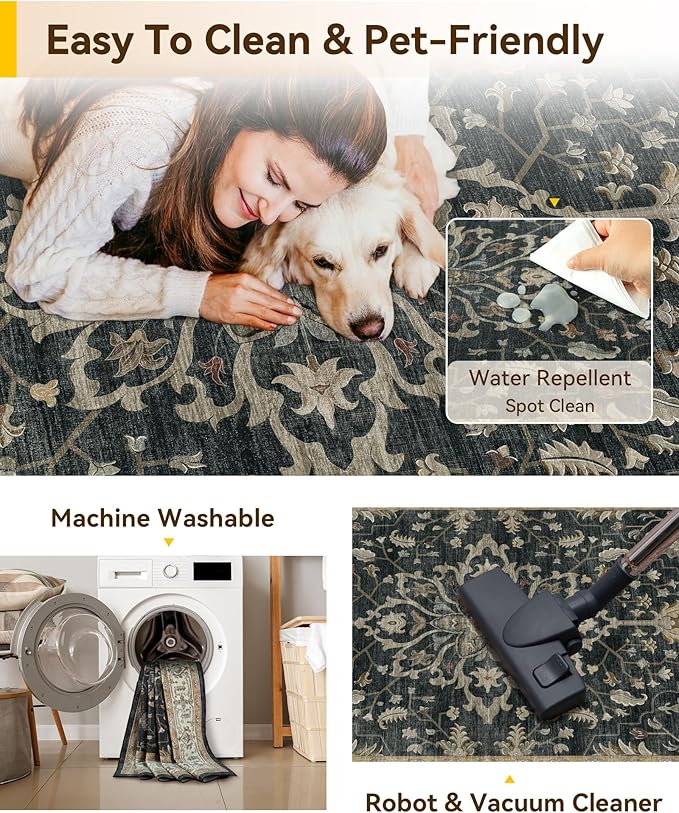 RELEANY Area Rugs Square 7ft Washable Non-Slip, Floral Vintage Distress Medallion Carpet for Living Room Bedroom Dining Room, Vintage Black Brown Neutral