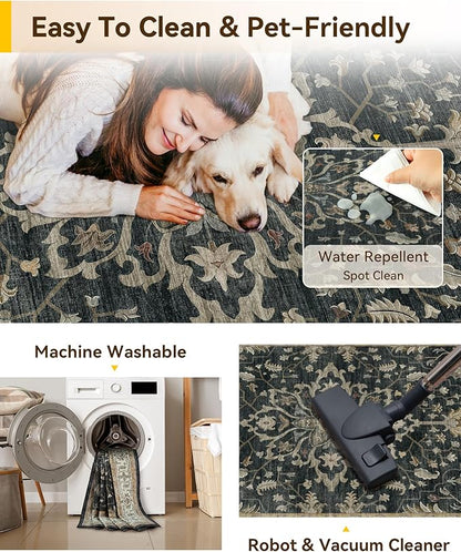 RELEANY Area Rugs Square 7ft Washable Non-Slip, Floral Vintage Distress Medallion Carpet for Living Room Bedroom Dining Room, Vintage Black Brown Neutral