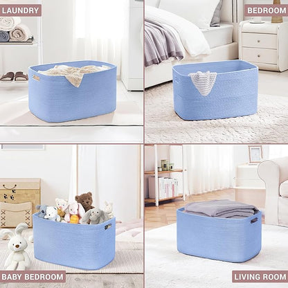 SunNewt 60L Small Baby Girls Laundry Basket for Nursery Storage,Cute Woven cotton Rope Baskets for Kids Toy，Gifts, Boho Square Wicker Blanket hamper for Living Room,Bedroom Dirty Clothes,Blue Purple