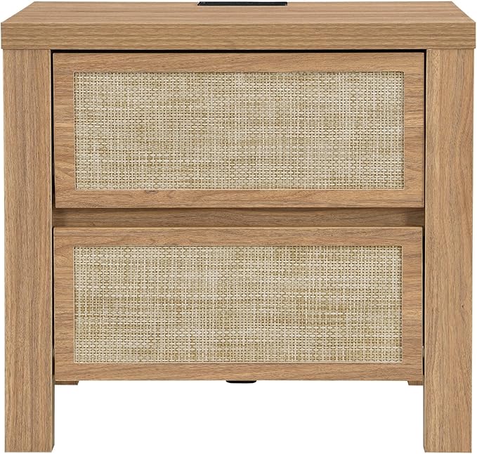 XIAO WEI Set of 2 Rattan Nightstand with Charging Station, Boho Bedside Table with 2 Drawers, Farmhouse End Table for Bedroom, Wood Accent Bed Side Table with Storage, Reclaimed Light Oak