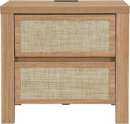 XIAO WEI Set of 2 Rattan Nightstand with Charging Station, Boho Bedside Table with 2 Drawers, Farmhouse End Table for Bedroom, Wood Accent Bed Side Table with Storage, Reclaimed Light Oak