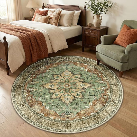 RELEANY Area Rugs Round 5ft Washable Non-Slip, Floral Vintage Distress Medallion Carpet for Living Room Bedroom Dining Room, Terracotta Burnt Orange Green
