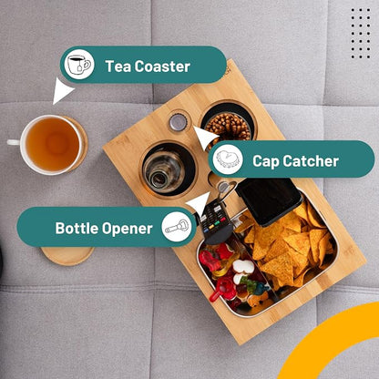 D&D Living® Couch Caddy - Bamboo Couch Console | Anti-Spill Drink and Cup Holder | Snack Organizer Tray for Sofa with Bottle Opener