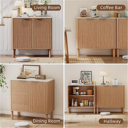 Fluted Cabinet with Storage,Metal Handle,Marble-Pattern Sideboard Buffet Cabinet,Mid Century Modern Cabinet,31.5 Inches Side Board for Dining Room Living Room Kitchen Hallway Entryway
