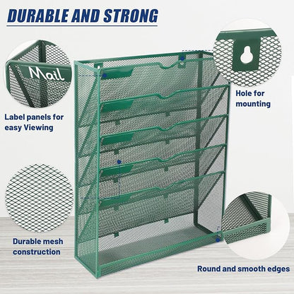 EASEPRES 6 Tier Desk File Organizer, Mesh Hanging Wall Mount Document Organization Stand, Desktop Vertical Mail Paper Folder Holder Rack with Bottom Tray for Office Cubicle, Sides Closed, Dark Green