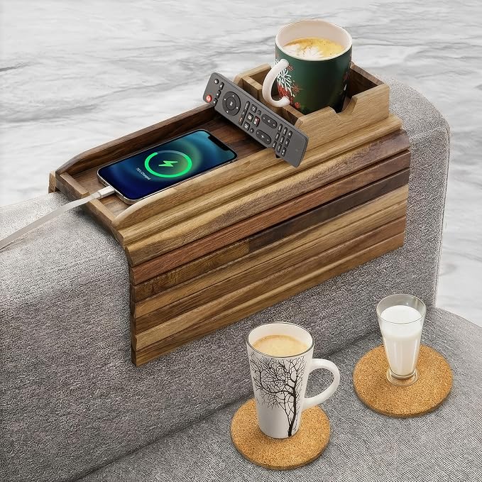 Couch Cup Holder Tray With 2 Cork Coasters, Couch Arm Tray, 2 In 1 Anti-Slip Foldable Sofa Arm Tray, Couch Armrest Table, Anti-Spill Couch Arm Table for Drinks TV Remote Cellphone Snacks (Acacia Wood)