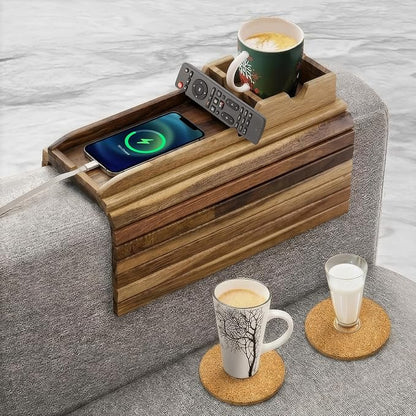 Couch Cup Holder Tray With 2 Cork Coasters, Couch Arm Tray, 2 In 1 Anti-Slip Foldable Sofa Arm Tray, Couch Armrest Table, Anti-Spill Couch Arm Table for Drinks TV Remote Cellphone Snacks (Acacia Wood)