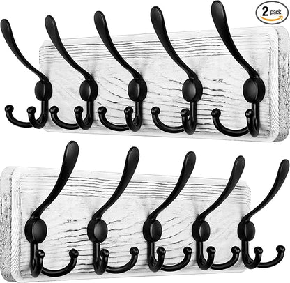 SKOLOO Rustic Wall Mounted Coat Rack, 16" Stud Spacing, Wood Coat Rack Wall Mount with 5 Triple Hooks, Farmhouse Coat Hanger Wall Mount for Hanging Backpack Jacket Coat Hat, Pack of 2