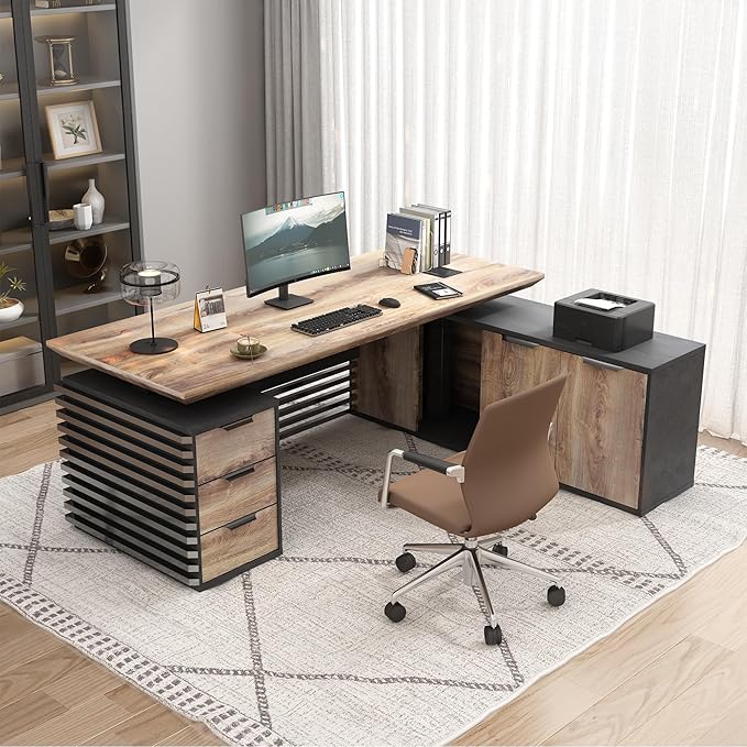 SAINTCY 70.87In L Shaped Executive Standing Desk with Drawers, Large Modern Adjustable Heigh Home Office Desk w/Universal Charging Ports, Business Workstation, Black and Warm Oak