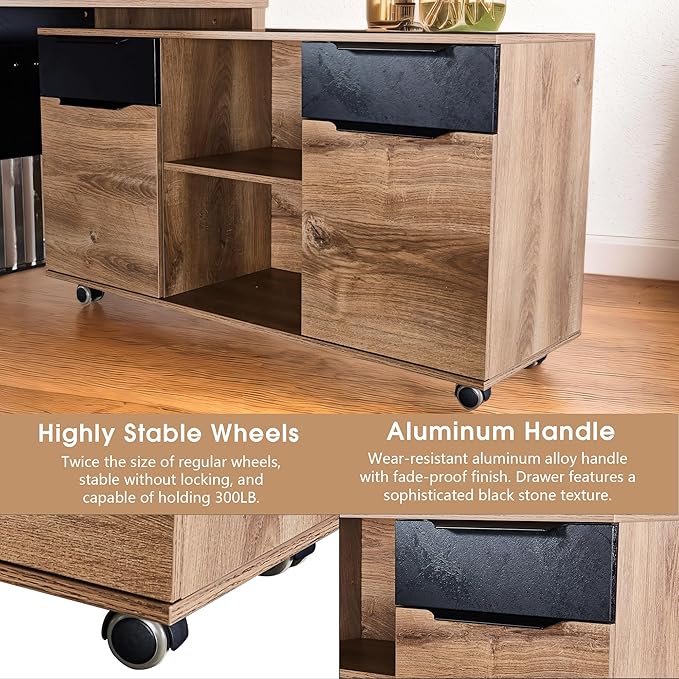 SAINTCY 63 Inch L Shaped Executive Desk with Drawers, Modern Computer Writing Desk with File Cabinet, Business Furniture W/Stand Under Storage Organizer with Wheels,1.97IN Thick Desktop